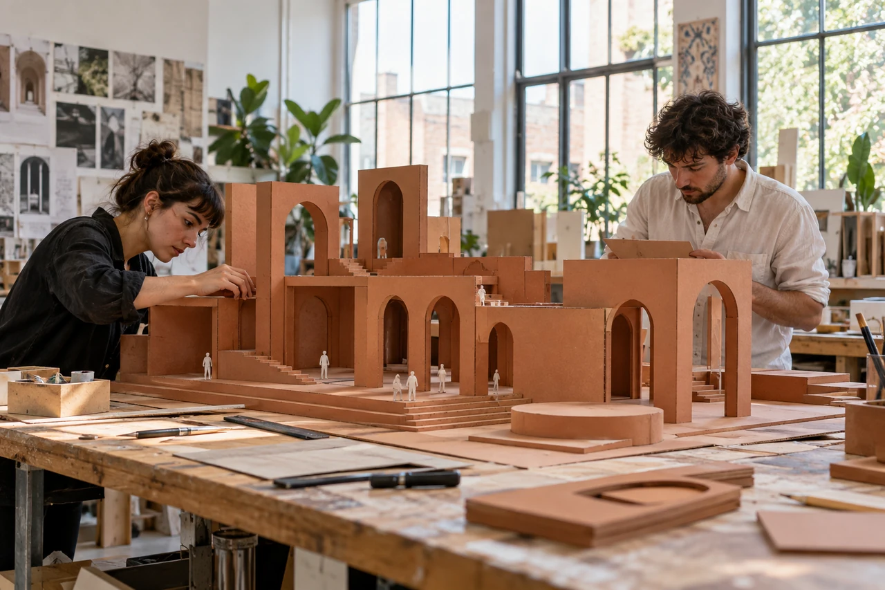Two designers building a terracotta cardboard exhibition model