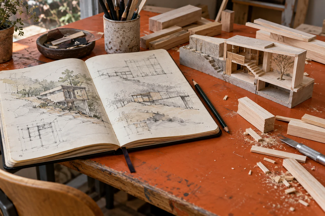 Sketchbook and basswood offcuts beside a sectional model