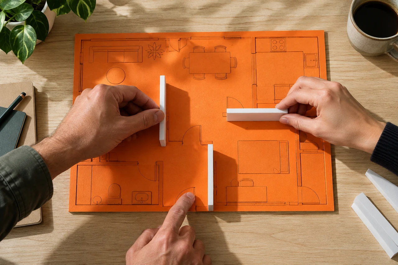 Hands moving white partitions on an orange model plan