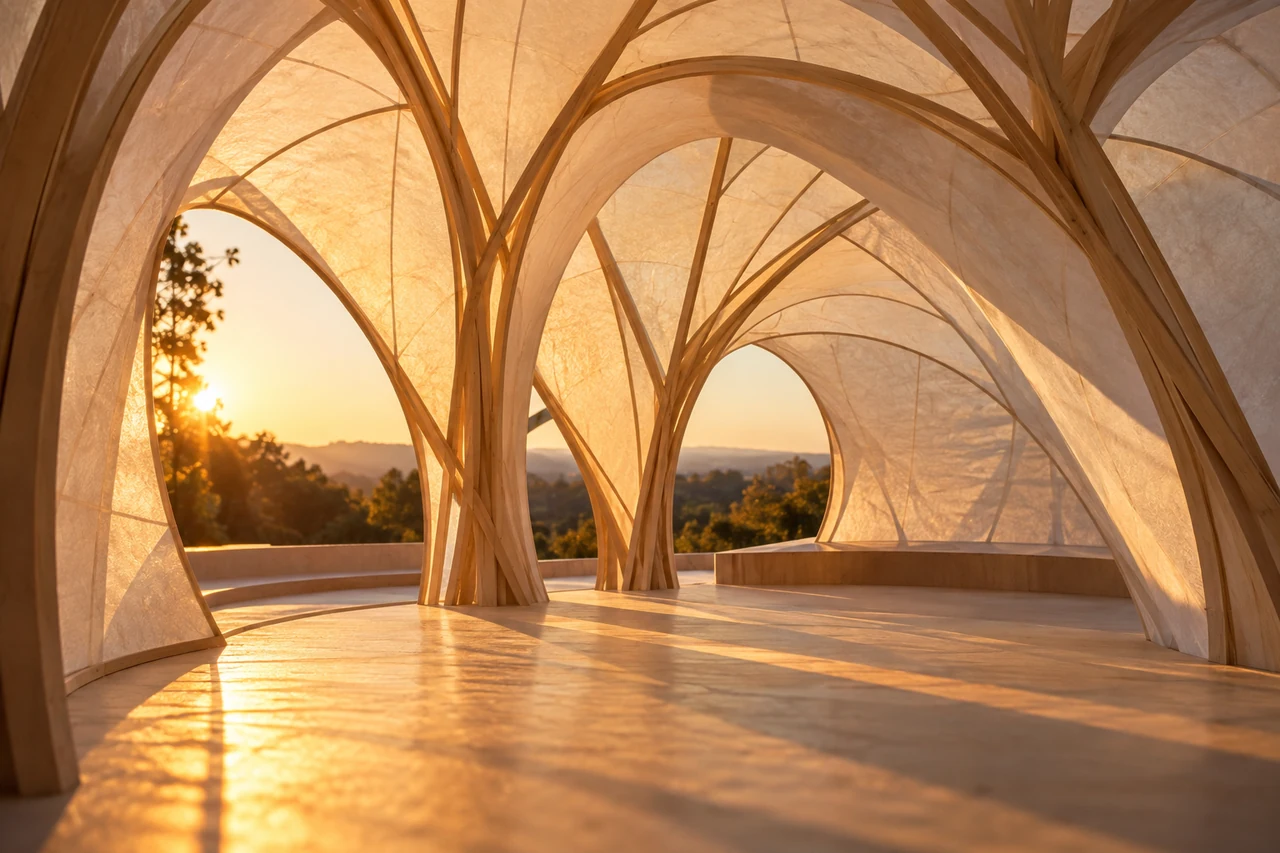 Eye-level view into a translucent paper pavilion model