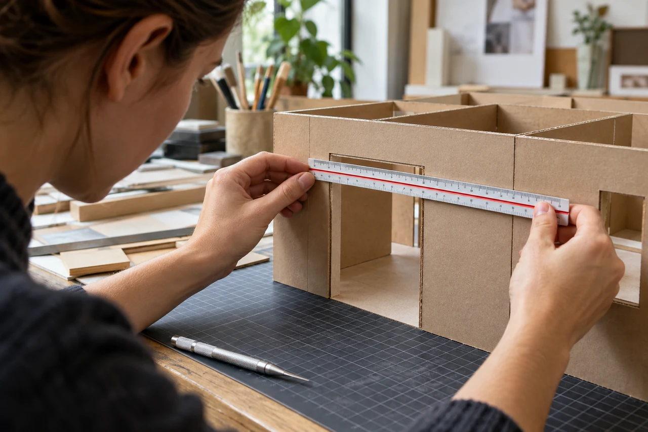 Designer measuring a cardboard doorway with a scale ruler