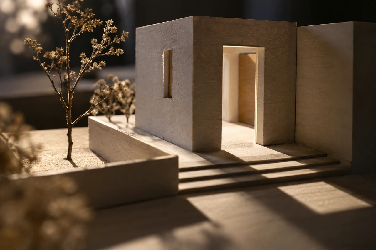 Spotlight making a sharp doorway shadow in a small model
