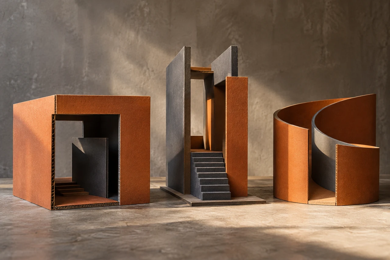 Three cardboard maquettes on a studio table