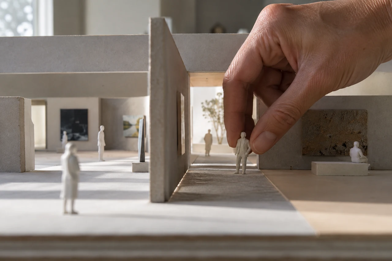 Hand positioning small scale figures at a model threshold