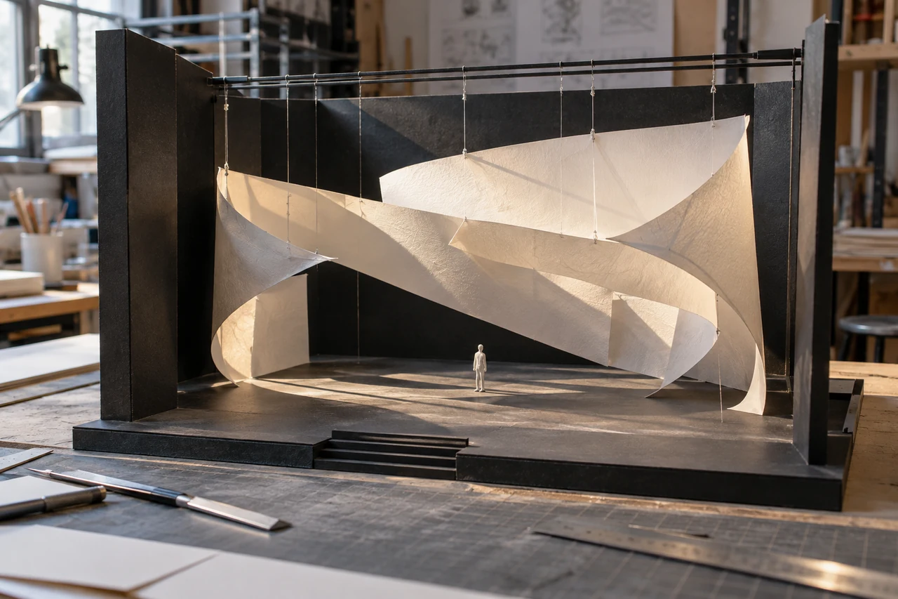 Curved paper installation suspended inside a stage model