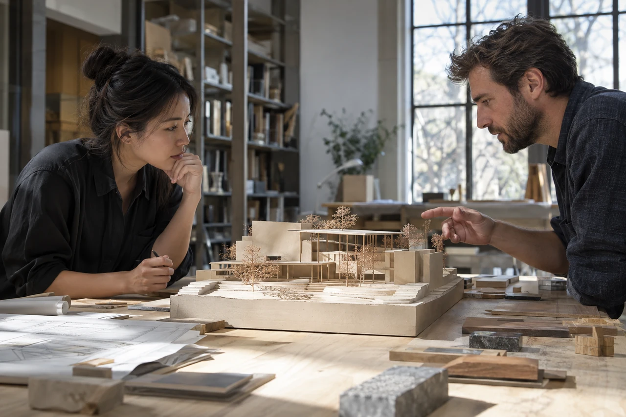 Designers reviewing a model from opposite sides at eye level